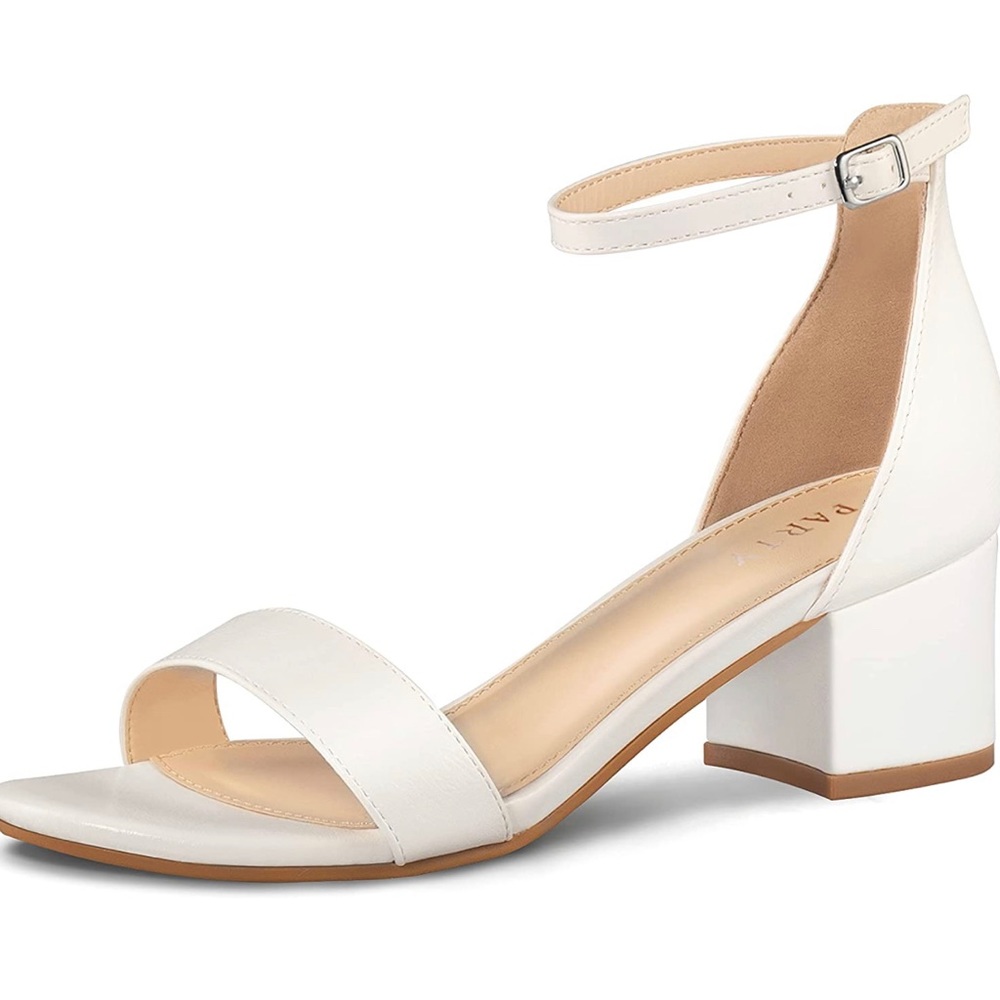 Women's white Open Toe Ankle Strap Low Block Chunky Heels Sandals